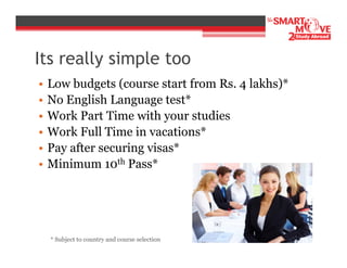 Its really simple too
•
•
•
•
•
•

Low budgets (course start from Rs. 4 lakhs)*
No English Language test*
Work Part Time with your studies
Work Full Time in vacations*
Pay after securing visas*
Minimum 10th Pass*

* Subject to country and course selection

 