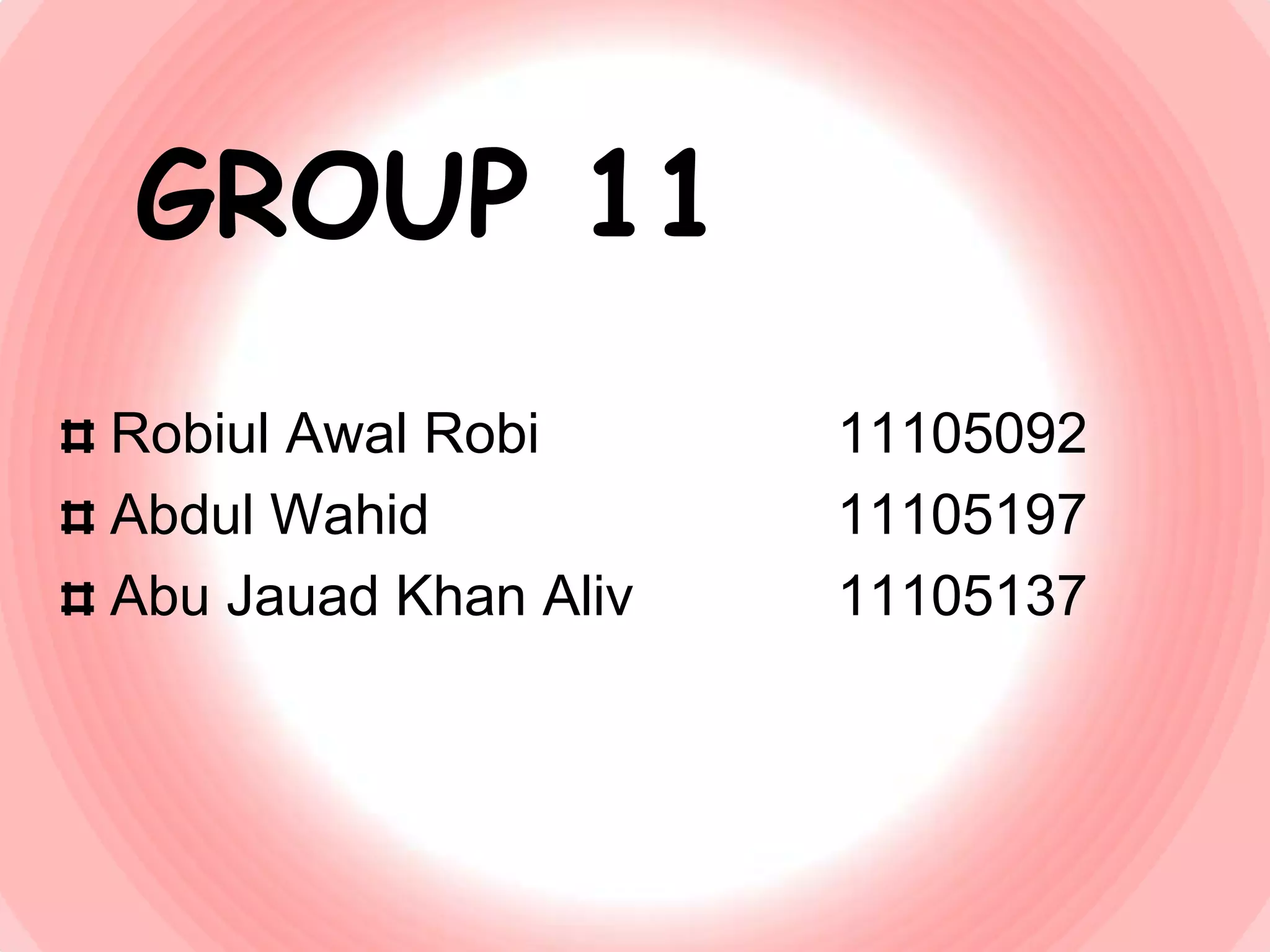 GROUP 11
Robiul Awal Robi
Abdul Wahid
Abu Jauad Khan Aliv
11105092
11105197
11105137