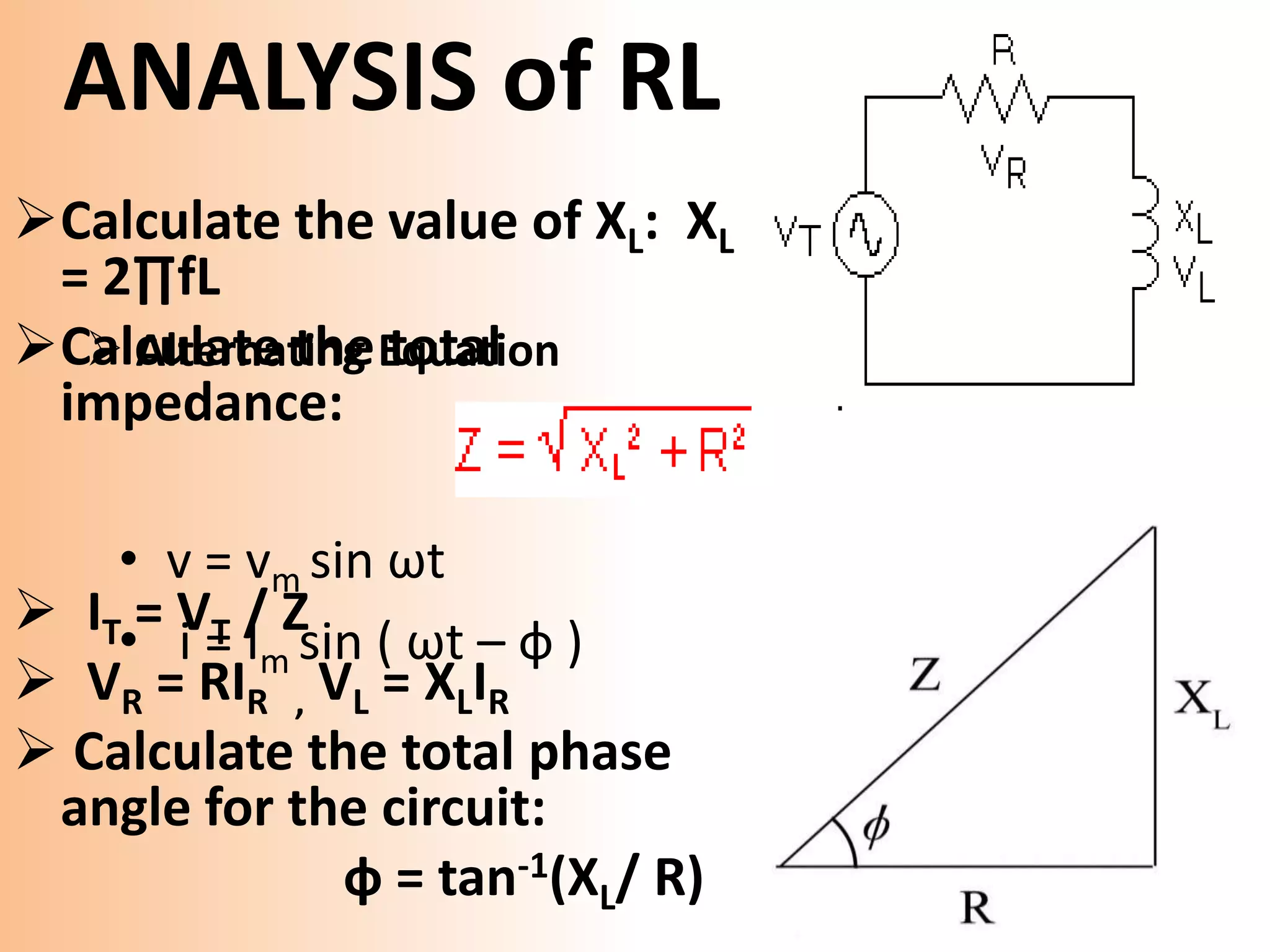 ANALYSIS of RL
Calculate the value of XL: XL
= 2∏fL
Calculate the Equation
Alternating total
impedance:
• v = vm sin ωt
IT = VT / Z
• i = Im sin ( ωt – ф )
VR = RIR , VL = XLIR
Calculate the total phase
angle for the circuit:
ф = tan-1(XL/ R)