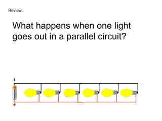 Review: What happens when one light goes out in a parallel circuit? 