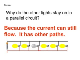 Review: Why do the other lights stay on in a parallel circuit? Because the current can still flow.  It has other paths. 