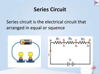 Series Circuit
Series circuit is the electrical circuit that
arranged in equal or squence

 