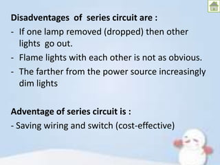Disadventages of series circuit are :
- If one lamp removed (dropped) then other
lights go out.
- Flame lights with each other is not as obvious.
- The farther from the power source increasingly
dim lights
Adventage of series circuit is :
- Saving wiring and switch (cost-effective)

 