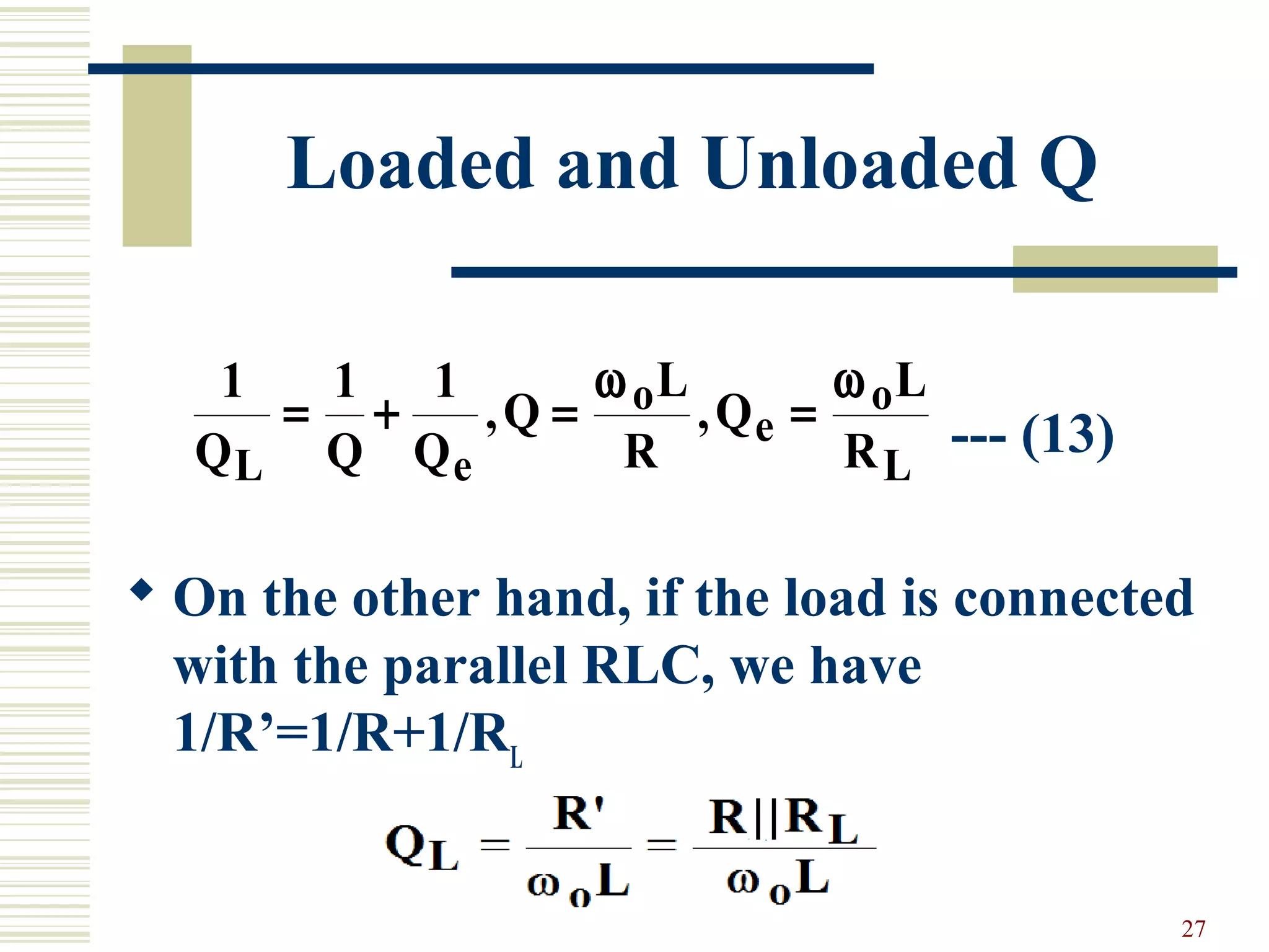 27
Loaded and Unloaded Q
--- (13)
 On the other hand, if the load is connected
with the parallel RLC, we have
1/R’=1/R+1/RL
1 1 1
Q Q Q
Q
L
R
Q
L
RL e
o
e
o
L
= + = =, ,
ω ω
 