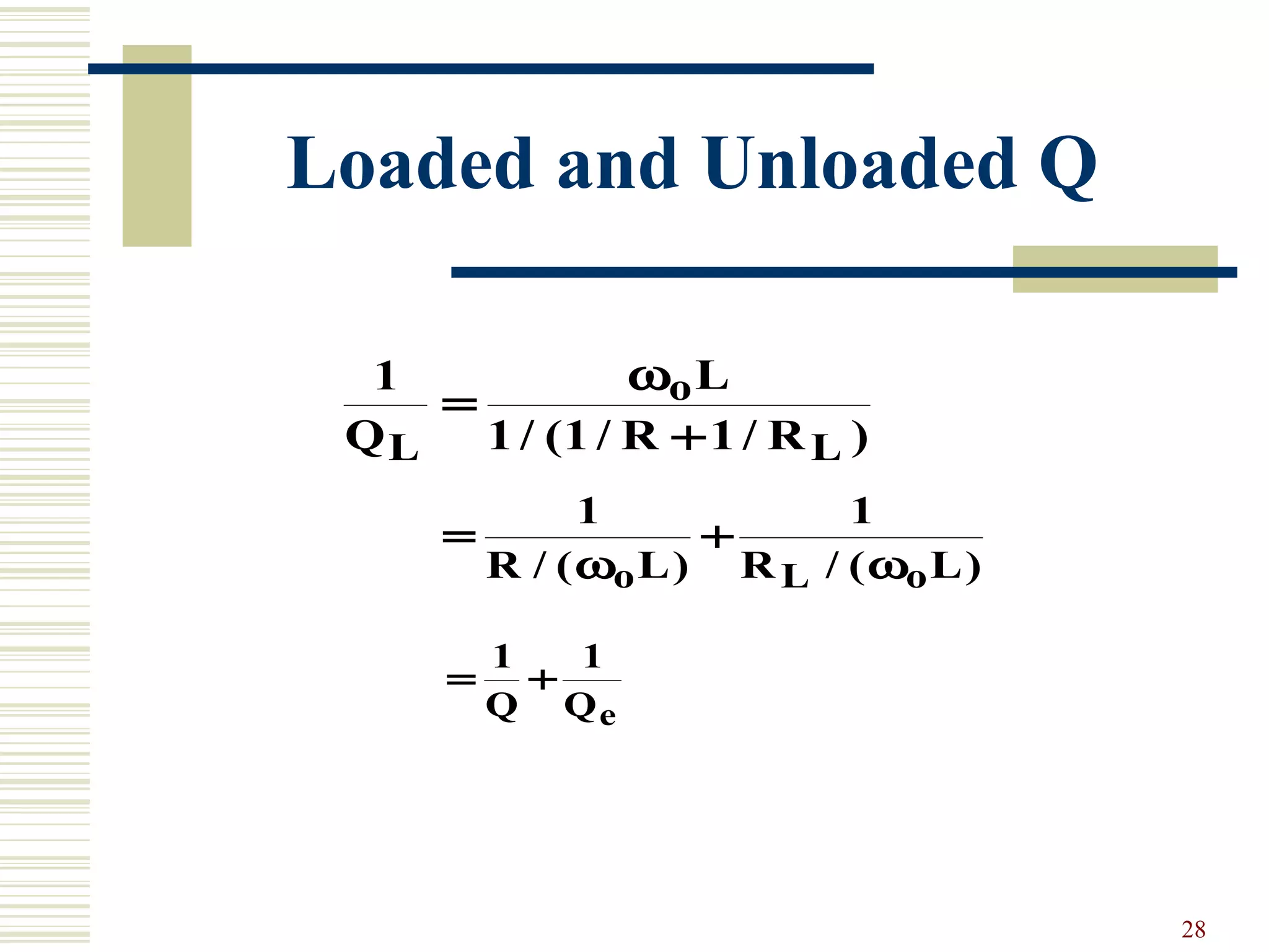 28
Loaded and Unloaded Q
1
1 1 1
1
Q
L
R R R L RL
o
L o L
=
+
= +
ω
ω/ ( / / ) / ( )
1 1 1
1 1 1 1L
R R R L R L Q QL
o
L o L o e
=
+
= + = +
ω
ω ω/ ( / / ) / ( ) / ( )
1 1 1 1
R L R L Q Qo L o e
+ = +
ω ω/ ( ) / ( )
 