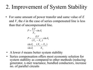 2. Improvement of System Stability
• For same amount of power transfer and same value of E
and V, the δ in the case of series compensated line is less
than that of uncompensated line.
L
CL
CL
L
X
XX
XX
VE
P
X
VE
P
)(
sin
sin
sin
)(
.
sin
.
1
2
2
1









• A lower δ means better system stability
• Series compensation offers most economic solution for
system stability as compared to other methods (reducing
generator, x-mer reactance, bundled conductors, increase
no. of parallel circuits
 