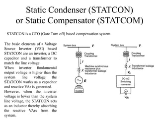 Static Condenser (STATCON)
or Static Compensator (STATCOM)
The basic elements of a Voltage
Source Inverter (VSI) based
STATCON are an inverter, a DC
capacitor and a transformer to
match the line voltage
When inverter fundamental
output voltage is higher than the
system line voltage the
STATCON works as a capacitor
and reactive VAr is generated.
However, when the inverter
voltage is lower than the system
line voltage, the STATCON acts
as an inductor thereby absorbing
the reactive VArs from the
system.
STATCON is a GTO (Gate Turn off) based compensation system.
 