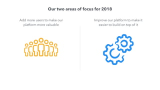 Our two areas of focus for 2018
Improve our platform to make it
easier to build on top of it
Add more users to make our
platform more valuable
 
