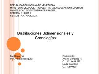 Facilitador (a):
Prof. Yelitza Rodriguez
Participante:
Ana R. González R.
C.I.: V-23.434.227
Linda González
C.I: 19509339
REPUBLICA BOLIVARIANA DE VENEZUELA
MINISTERIO DEL PODER POPULAR PARA LA EDUCACION SUPERIOR
UNIVERSIDAD BICENTENARIA DE ARAGUA
SECCION C1 2017 II
ESTADISTICA APLICADA.
Distribuciones Bidimensionales y
Cronologías
 