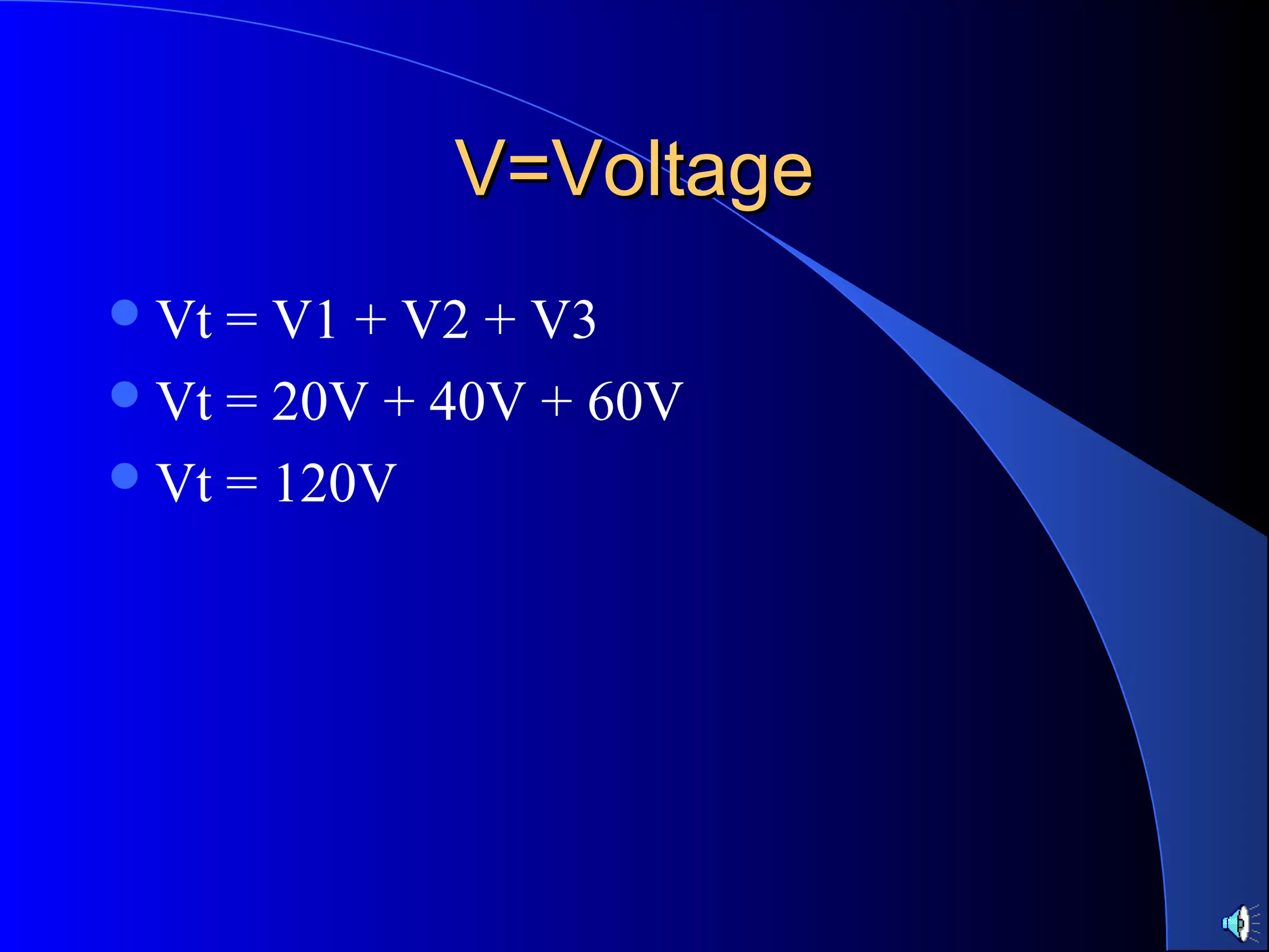 V=VoltageV=Voltage
Vt = V1 + V2 + V3
Vt = 20V + 40V + 60V
Vt = 120V
 
