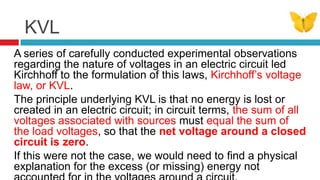 KVLA series of carefully conducted experimental observations regarding the nature of voltages in an electric circuit led Kirchhoff to the formulation of this laws, Kirchhoff’s voltage law, or KVL. The principle underlying KVL is that no energy is lost or created in an electric circuit; in circuit terms, the sum of all voltages associated with sources must equal the sum of the load voltages, so that the net voltage around a closed circuit is zero. If this were not the case, we would need to ﬁnd a physical explanation for the excess (or missing) energy not accounted for in the voltages around a circuit. 