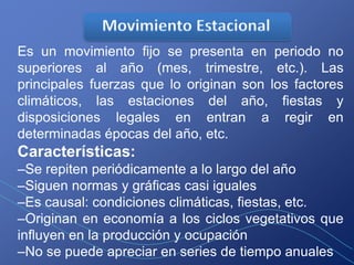 Es un movimiento fijo se presenta en periodo no
superiores al año (mes, trimestre, etc.). Las
principales fuerzas que lo originan son los factores
climáticos, las estaciones del año, fiestas y
disposiciones legales en entran a regir en
determinadas épocas del año, etc.
Características:
–Se repiten periódicamente a lo largo del año
–Siguen normas y gráficas casi iguales
–Es causal: condiciones climáticas, fiestas, etc.
–Originan en economía a los ciclos vegetativos que
influyen en la producción y ocupación
–No se puede apreciar en series de tiempo anuales
 