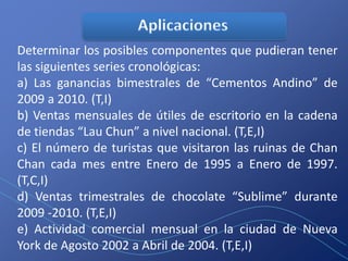 Determinar los posibles componentes que pudieran tener
las siguientes series cronológicas:
a) Las ganancias bimestrales de “Cementos Andino” de
2009 a 2010. (T,I)
b) Ventas mensuales de útiles de escritorio en la cadena
de tiendas “Lau Chun” a nivel nacional. (T,E,I)
c) El número de turistas que visitaron las ruinas de Chan
Chan cada mes entre Enero de 1995 a Enero de 1997.
(T,C,I)
d) Ventas trimestrales de chocolate “Sublime” durante
2009 -2010. (T,E,I)
e) Actividad comercial mensual en la ciudad de Nueva
York de Agosto 2002 a Abril de 2004. (T,E,I)
 