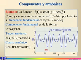 Series de Fourier. 17
Componentes y armónicas
Ejemplo: La función
Como ya se mostró tiene un periodo T=24p, por lo tanto
su frecuencia fundamental es w0=1/12 rad/seg.
Componente fundamental es de la forma:
0*cos(t/12).
Tercer armónico:
cos(3t/12)=cos(t/4)
Cuarto armónico:
Cos(4t/12)=cos(t/3)
0 50 100 150 200
-3
-2
-1
0
1
2
3
f(t)=cos(t/3)+cos(t/4)
t
f(t)
24p
)
cos(
)
cos(
f(t) 4
t
3
t


 