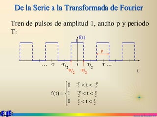 Series de Fourier. 84
De la Serie a la Transformada de Fourier
Tren de pulsos de amplitud 1, ancho p y periodo
T:
1
f(t)
t
. . . -T -T/2
0 T/2
T . . .
p
-p/2
p/2











 


2
T
2
p
2
p
2
p
2
p
2
T
t
0
t
1
t
0
)
t
(
f
 