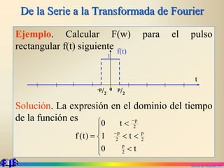 Series de Fourier. 95
De la Serie a la Transformada de Fourier
Ejemplo. Calcular F(w) para el pulso
rectangular f(t) siguiente
Solución. La expresión en el dominio del tiempo
de la función es
-p/2
0 p/2
1
f(t)
t









 

t
0
t
1
t
0
)
t
(
f
2
p
2
p
2
p
2
p
 