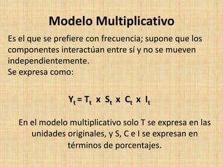 Modelo Multiplicativo
Es el que se prefiere con frecuencia; supone que los
componentes interactúan entre sí y no se mueven
independientemente.
Se expresa como:
Yt = Tt x St x Ct x It
En el modelo multiplicativo solo T se expresa en las
unidades originales, y S, C e I se expresan en
términos de porcentajes.
 