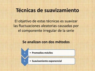 El objetivo de estas técnicas es suavizar
las fluctuaciones aleatorias causadas por
el componente irregular de la serie
Se analizan con dos métodos
a. • Promedios móviles
b. • Suavizamiento exponencial
Técnicas de suavizamiento
 