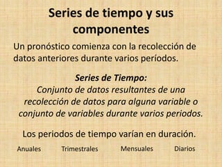 Series de tiempo y sus
componentes
Un pronóstico comienza con la recolección de
datos anteriores durante varios períodos.
Series de Tiempo:
Conjunto de datos resultantes de una
recolección de datos para alguna variable o
conjunto de variables durante varios periodos.
Anuales Trimestrales Mensuales Diarios
Los periodos de tiempo varían en duración.
 