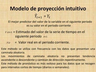 Modelo de proyección intuitivo
El mejor predictor del valor de la variable en el siguiente periodo
es su valor en el periodo corriente
Este método se utiliza con frecuencia con los datos que presentan una
caminata aleatoria.
Los movimientos de caminata aleatoria no presentan tendencia
ascendente o descendente y cambian de dirección repentinamente.
Este método de pronóstico es más exitoso para los datos que se recogen
para intervalos cortos de tiempo (diarios o semanales).
 