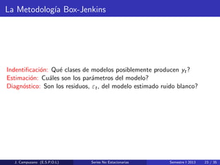 La Metodolog´ıa Box-Jenkins
Indentiﬁcaci´on: Qu´e clases de modelos posiblemente producen yt?
Estimaci´on: Cu´ales son los par´ametros del modelo?
Diagn´ostico: Son los residuos, εt, del modelo estimado ruido blanco?
J. Campuzano (E.S.P.O.L) Series No Estacionarias Semestre I 2013 23 / 35
 