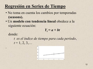 Regresión en Series de Tiempo
• No toma en cuenta los cambios por temporadas
  (seasons).
• Un modelo con tendencia lineal obedece a la
  siguiente ecuación:
                            Yt = a + bt
  donde:
      t es el índice de tiempo para cada período,
      t = 1, 2, 3,…
.



                                                    12
 