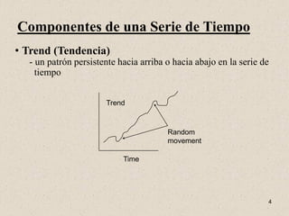 Componentes de una Serie de Tiempo
• Trend (Tendencia)
  - un patrón persistente hacia arriba o hacia abajo en la serie de
    tiempo


                      Trend



                                       Random
                                       movement

                           Time




                                                                  4
 