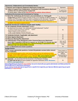 2 March 2018 revised Created by PJ Simpson-Haidaris, PhD University of Rochester
2
Sponsor(s), Collaborator(s) and Consultant(s) Section
9. Sponsor and Co-Sponsor Statement Attachment; 6-page limit Sponsors
10. Letters of support from Collaborators, Contributors and Consultants attachment;
combine into one pdf document; 6-page limit
PI solicits letters; makes pdf file (Not the same as outside referee letters!)
PI solicit from
and organize
Institutional Environment and Commitment to Training
11. Name file: Institutional_Environment_and_Commitment_to_Training.pdf;
2-page limit (and MSTP Program Director if F30 or F31 Diversity for MSTP trainee). PI,
mentors and PhD program directors need to contribute to this document. This section
includes some information that used to be in “Additional Educational Information”).
PI must request Institutional Environment and Commitment to Training Information from Mentors and PhD
(and MSTP, if dual degree) program directors!
PI, Mentors &
PhD Program
Director
Vertebrate Animals [are vertebrate animals used? Yes/No]
12. Are vertebrate animals euthanized? Yes/No?
No attachment but answer: Are vertebrate Animals Euthanized? Yes/No?
-Is method consistent with American Veterinary Yes/No?
Medical Association (AVMA) guidelines?
-If "No" to AVMA guidelines, describe method and
provide scientific justification in text box provided on form.
PI
13. Vertebrate Animals, if applicable; add attachment PI
14. Select Agents Attachment PI
15. Resource Sharing Plan Attachment PI
16. Authentication of Key Biologicals and/or Chemical Resources Attachment
N/A, but PI
must check
FOA
Attach ONLY if specified in FOA that it is required; e.g., PA-18-666, F31 diversity does NOT
request (Recommend that PI discuss this in Research Strategy as appropriate to show
adhering to rigor and reproducibility in science).
17-24. no attachments but answer questions. PI
Budget Section
25-27. Answer appropriate questions. Include full graduate courses tuition amount
for PI’s institution.
NIH funds awards based on their rules but PI needs to ask for full institutional tuition
amount). Contact Office of Research and Grants Administration for the full year tuition for
UR-SMD predocs (2017-2018 academic year = $49,216). Note, some students and grant
administrators have failed to do this correctly resulting in lost funding for tuition!
Grant Admin in
your Dept, Univ
Official
Representative,
or Grad Dept
28. Appendix – do not include info that should be in the Research Strategy.
See NOT-OD-18-126 and future updates for appendix restrictions (Note: Reviewers
HATE to read appendices)
PI
Internal Signoff form for Grant (PI responsibility): be sure to check with your grants administrator and follow protocol for
internal approval of F-award grant submission!
Do you need to include with internal signoff form a specific form signed by your Sponsor (Mentor) approving your grant
submission (PI responsibility)?
 