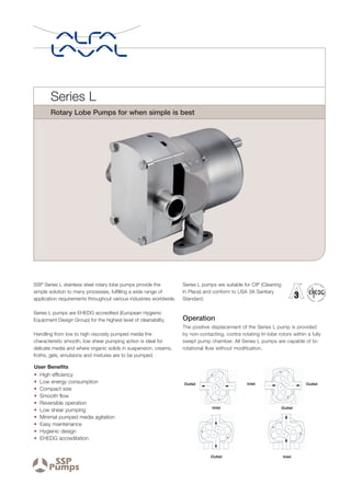 Series L
        Rotary Lobe Pumps for when simple is best




SSP Series L stainless steel rotary lobe pumps provide the          Series L pumps are suitable for CIP (Cleaning
simple solution to many processes, fulfilling a wide range of       In Place) and conform to USA 3A Sanitary
application requirements throughout various industries worldwide.   Standard.

Series L pumps are EHEDG accredited (European Hygienic
Equipment Design Group) for the highest level of cleanability.      Operation
                                                                    The positive displacement of the Series L pump is provided
Handling from low to high viscosity pumped media the                by non-contacting, contra rotating tri-lobe rotors within a fully
characteristic smooth, low shear pumping action is ideal for        swept pump chamber. All Series L pumps are capable of bi-
delicate media and where organic solids in suspension, creams,      rotational flow without modification.
froths, gels, emulsions and mixtures are to be pumped.

User Benefits
• High efficiency
• Low energy consumption                                            Outlet                        Inlet                       Outlet
• Compact size
• Smooth flow
• Reversible operation
                                                                                 Inlet                              Outlet
• Low shear pumping
• Minimal pumped media agitation
• Easy maintenance
• Hygienic design
• EHEDG accreditation


                                                                                 Outlet                             Inlet
 