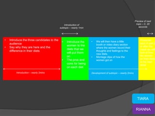 Preview of next
                                                Introduction of                                                topic – C. 20
                                            subtopic – nearly 1min                                               seconds




•   Introduce the three candidates to the                            •
                                                                                                                  Presenter
                                              •   Introduce the          We will then have a little
                                                                                                                  says in part 2
    audience                                                             booth or video diary section
                                                  women to the                                                    or after the
•   Say why they are here and the                                        where the women record their
                                                  diets that we                                                   break we will
    difference in their diets                                            thoughts and feelings to the
                                                  will put them          new diets.
                                                                                                                  look at how
                                                  on                                                              the women
                                                                     •   Montage clips of how the
                                              •   The pros and                                                    on their diets
                                                                         women got on
                                                                                                                  in the next
                                                  cons for being                                                  week
                                                  on each diet
         Introduction – nearly 2mins                                 Development of subtopic – nearly 2mins




                                                                                                                TIARA

                                                                                                               RIANNA
 