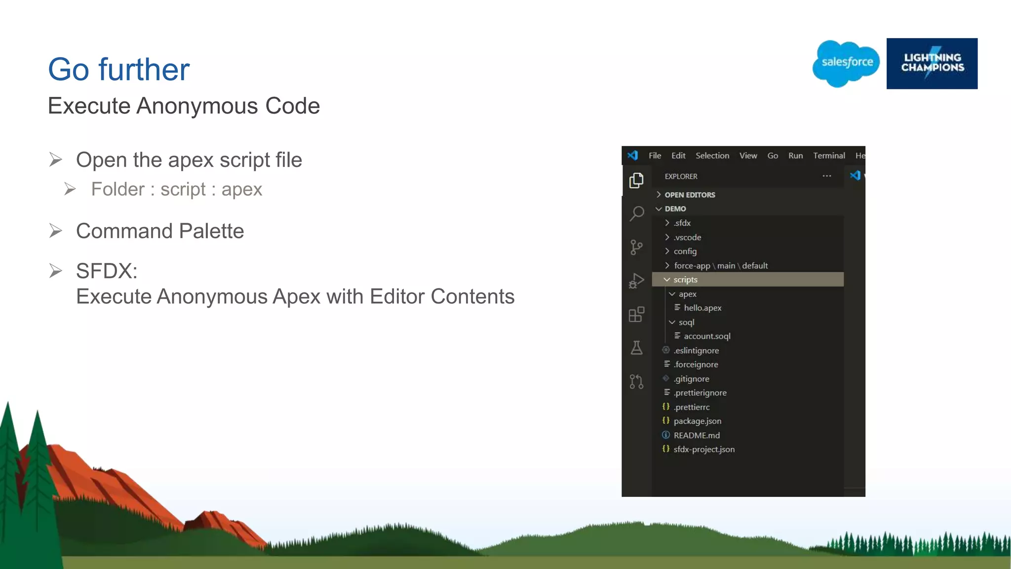Go further
 Open the apex script file
 Folder : script : apex
 Command Palette
 SFDX:
Execute Anonymous Apex with Editor Contents
Execute Anonymous Code
 