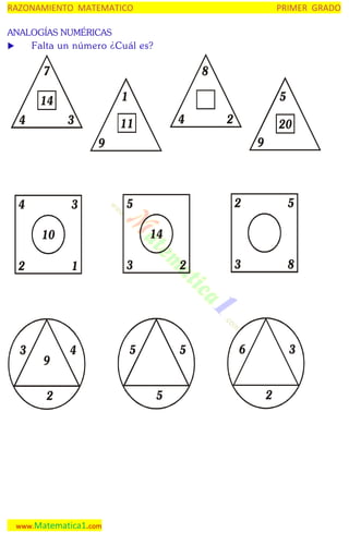 RAZONAMIENTO MATEMATICO

PRIMER GRADO

ANALOGÍAS NUMÉRICAS


Falta un número ¿Cuál es?

7

8
1

14
4

3

5
4

11

2

20
9

9

4

3

2

5

3

8

14

10
2

1

3

2

3

4

5

5

9

5

2

www.Matematica1.com

5

6

3
2

 