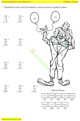 RAZONAMIENTO MATEMATICO

PRIMER GRADO

* Desarrolla las sumas, ubica los resultados y pinta de acuerdo a la tabla de colores:

58 +
16
9

38 +
26
13

56

83

10
9

91
95

66 +
29
10

91

81

49 +
32
14

91

89

81

105
95

105
104

95

53 +
28
23

37 +
25
19

104

77

49 +
32
28

48 +
26
17

77

25 +
18
13

95

104

77

77

Tabla de Colores
ROJO

AMARILLO

VERDE

NARANJA

83

77

105

95

104

MORADO

AZUL

BLANCO

ROSADO

81

www.Matematica1.com

MARRON

109

91

56

 