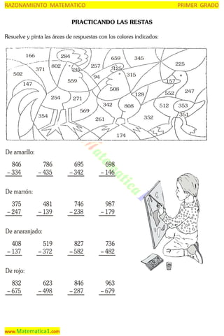 RAZONAMIENTO MATEMATICO

PRIMER GRADO

PRACTICANDO LAS RESTAS
Resuelve y pinta las áreas de respuestas con los colores indicados:
166

284
371

502

802

659
257

245

225

125

315

94

559

147

345

157
508

254

271
342

354

128

569

352

174

De amarillo:
846
– 334

786
– 435

695
– 342

698
– 146

481
– 139

746
– 238

987
– 179

519
– 372

827
– 582

736
– 482

623
– 498

846
– 287

963
– 679

De marrón:
375
– 247

De anaranjado:
408
– 137
De rojo:
832
– 675

www.Matematica1.com

512

808

261

552

247
353
351

 