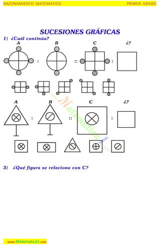 RAZONAMIENTO MATEMATICO

PRIMER GRADO

SUCESIONES GRÁFICAS

1) ¿Cuál continúa?
A

B

C

:

A

B

:

3)

::

:

C

::

¿Qué figura se relaciona con C?

www.Matematica1.com

¿?

¿?

:

 