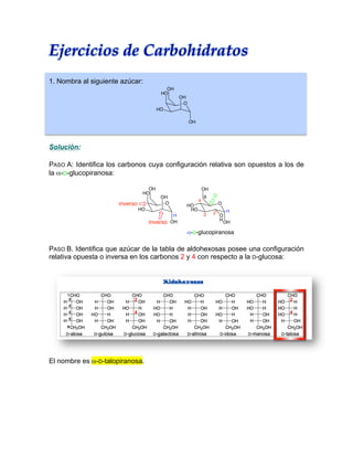 Ejercicios de Carbohidratos
1. Nombra al siguiente azúcar:
Solución:
PASO A: Identifica los carbonos cuya configuración relativa son opuestos a los de
la α-D-glucopiranosa:
PASO B. Identifica que azúcar de la tabla de aldohexosas posee una configuración
relativa opuesta o inversa en los carbonos 2 y 4 con respecto a la D-glucosa:
El nombre es α-D-talopiranosa.
O
OH
HO
OH
HO
OH
O
OH
HO
OH
HO
OH
O
OH
HO
O
HO
OH
α-D-glucopiranosa
α
α
H
23
4
6 D
inverso
inverso
2
4 4
2
 