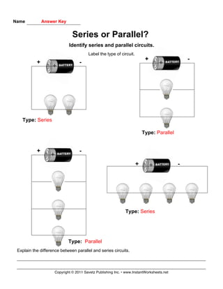 Type: Parallel
Name Answer Key
Copyright © 2011 Savetz Publishing Inc. • www.InstantWorksheets.net
Series or Parallel?
Identify series and parallel circuits.
Label the type of circuit.
Type: Series
Type: Parallel
Explain the difference between parallel and series circuits.
-+
-+
-+
-+
Type: Series
 