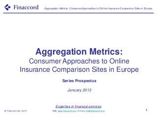 Aggregation Metrics: Consumer Approaches to Online Insurance Comparison Sites in Europe




                         Aggregation Metrics:
                 Consumer Approaches to Online
              Insurance Comparison Sites in Europe
                                          Series Prospectus

                                               January 2013



                                    Expertise in financial services
© Finaccord Ltd., 2013           Web: www.finaccord.com. E-mail: info@finaccord.com                         1
 