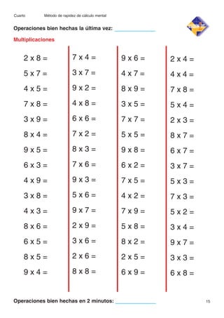 Cuarto

Método de rapidez de cálculo mental

Operaciones bien hechas la última vez:
Multiplicaciones

2x8=

7x4=

9x6=

2x4=

5x7=

3x7=

4x7=

4x4=

4x5=

9x2=

8x9=

7x8=

7x8=

4x8=

3x5=

5x4=

3x9=

6x6=

7x7=

2x3=

8x4=

7x2=

5x5=

8x7=

9x5=

8x3=

9x8=

6x7=

6x3=

7x6=

6x2=

3x7=

4x9=

9x3=

7x5=

5x3=

3x8=

5x6=

4x2=

7x3=

4x3=

9x7=

7x9=

5x2=

8x6=

2x9=

5x8=

3x4=

6x5=

3x6=

8x2=

9x7=

8x5=

2x6=

2x5=

3x3=

9x4=

8x8=

6x9=

6x8=

Operaciones bien hechas en 2 minutos:

15

 