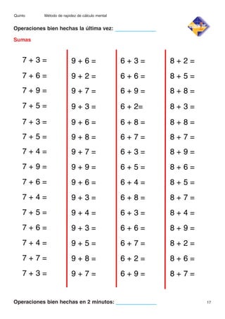 Quinto

Método de rapidez de cálculo mental

Operaciones bien hechas la última vez:
Sumas

7+3=

9+6=

6+3=

8+2=

7+6=

9+2=

6+6=

8+5=

7+9=

9+7=

6+9=

8+8=

7+5=

9+3=

6 + 2=

8+3=

7+3=

9+6=

6+8=

8+8=

7+5=

9+8=

6+7=

8+7=

7+4=

9+7=

6+3=

8+9=

7+9=

9+9=

6+5=

8+6=

7+6=

9+6=

6+4=

8+5=

7+4=

9+3=

6+8=

8+7=

7+5=

9+4=

6+3=

8+4=

7+6=

9+3=

6+6=

8+9=

7+4=

9+5=

6+7=

8+2=

7+7=

9+8=

6+2=

8+6=

7+3=

9+7=

6+9=

8+7=

Operaciones bien hechas en 2 minutos:

17

 