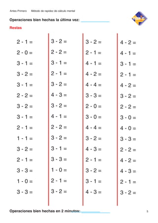 Antes Primero

Método de rapidez de cálculo mental

Operaciones bien hechas la última vez:
Restas

2-1=

3-2=

3-2=

4-2=

2-0=

2-2=

2-1=

4-1=

3-1=

3-1=

4-1=

3-1=

3-2=

2-1=

4-2=

2-1=

3-1=

3-2=

4-4=

4-2=

2-2=

4-3=

3-3=

3-2=

3-2=

3-2=

2-0=

2-2=

3-1=

4-1=

3-0=

3-0=

2-1=

2-2=

4-4=

4-0=

1-1=

3-2=

3-2=

3-3=

3-2=

3-1=

4-3=

2-2=

2-1=

3-3=

2-1=

4-2=

3-3=

1-0=

3-2=

4-3=

1-0=

2-1=

3-1=

2-1=

3-3=

3-2=

4-3=

3-2=

Operaciones bien hechas en 2 minutos:

5

 