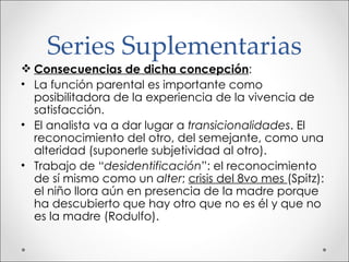 Series Suplementarias Consecuencias de dicha concepción : La función parental es importante como posibilitadora de la experiencia de la vivencia de satisfacción. El analista va a dar lugar a  transicionalidades . El reconocimiento del otro, del semejante, como una alteridad (suponerle subjetividad al otro). Trabajo de “ desidentificación ”: el reconocimiento de sí mismo como un  alter ;  crisis del 8vo mes  (Spitz): el niño llora aún en presencia de la madre porque ha descubierto que hay otro que no es él y que no es la madre (Rodulfo). 