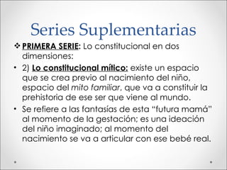 Series Suplementarias PRIMERA SERIE :  Lo constitucional en dos dimensiones: 2)  Lo constitucional mítico:   existe un espacio que se crea previo al nacimiento del niño, espacio del  mito familiar , que va a constituir la prehistoria de ese ser que viene al mundo. Se refiere a las fantasías de esta “futura mamá” al momento de la gestación; es una ideación del niño imaginado; al momento del nacimiento se va a articular con ese bebé real. 