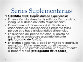 Series Suplementarias SEGUNDA SERIE :  Capacidad de experienciar En relación a la vivencia de satisfacción. La misma inaugura el deseo en tanto “experienciar”. Es fundamental determinar si el niño tiene la capacidad de experienciar o si presenta fallos, porque esto hace al diagnóstico diferencial. En ausencia del pecho materno, el objeto no-presente va a recrearse alucinatoriamente ( pictograma de fusión ). En ciertas ocasiones, el bebé en vez de recrearlo, lo reemplaza. Dicho reemplazo constituye una barrera que no permite constituir un “puente” entre el bebé y el otro ( pictograma de rechazo ) . 