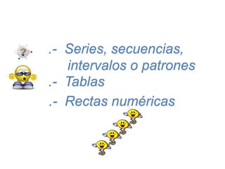 .- Series, secuencias,
intervalos o patrones
.- Tablas
.- Rectas numéricas
 