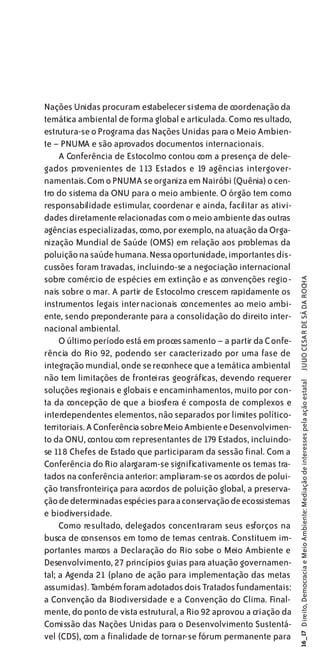 Nações Unidas procuram estabelecer sistema de coordenação da
temática ambiental de forma global e articulada. Como resultado,
estrutura-se o Programa das Nações Unidas para o Meio Ambien-
te – PNUMA e são aprovados documentos internacionais.
     A Conferência de Estocolmo contou com a presença de dele-
gados provenientes de 113 Estados e 19 agências intergover-
namentais. Com o PNUMA se organiza em Nairóbi (Quênia) o cen-
tro do sistema da ONU para o meio ambiente. O órgão tem como
responsabilidade estimular, coordenar e ainda, facilitar as ativi-
dades diretamente relacionadas com o meio ambiente das outras
agências especializadas, como, por exemplo, na atuação da Orga-
nização Mundial de Saúde (OMS) em relação aos problemas da
poluição na saúde humana. Nessa oportunidade, importantes dis-
cussões foram travadas, incluindo-se a negociação internacional
sobre comércio de espécies em extinção e as convenções regio-

                                                                      JULIO CESAR DE SÁ DA ROCHA
nais sobre o mar. A partir de Estocolmo crescem rapidamente os
instrumentos legais inter nacionais concernentes ao meio ambi-
ente, sendo preponderante para a consolidação do direito inter-
nacional ambiental.
     O último período está em proces samento – a partir da Confe-
rência do Rio 92, podendo ser caracterizado por uma fase de
integração mundial, onde se reconhece que a temática ambiental
não tem limitações de fronteiras geográficas, devendo requerer
                                                                     16_17 Direito, Democracia e Meio Ambiente: Mediação de interesses pela ação estatal




soluções regionais e globais e encaminhamentos, muito por con-
ta da concepção de que a biosfera é composta de complexos e
interdependentes elementos, não separados por limites político-
territoriais. A Conferência sobre Meio Ambiente e Desenvolvimen-
to da ONU, contou com representantes de 179 Estados, incluindo-
se 118 Chefes de Estado que participaram da sessão final. Com a
Conferência do Rio alargaram-se significativamente os temas tra-
tados na conferência anterior: ampliaram-se os acordos de polui-
ção transfronteiriça para acordos de poluição global, a preserva-
ção de determinadas espécies para a conservação de ecossistemas
e biodiversidade.
     Como resultado, delegados concentraram seus esforços na
busca de consensos em torno de temas centrais. Constituem im-
portantes marcos a Declaração do Rio sobe o Meio Ambiente e
Desenvolvimento, 27 princípios guias para atuação governamen-
tal; a Agenda 21 (plano de ação para implementação das metas
assumidas). T   ambém foram adotados dois Tratados fundamentais:
a Convenção da Biodiversidade e a Convenção do Clima. Final-
mente, do ponto de vista estrutural, a Rio 92 aprovou a criação da
Comissão das Nações Unidas para o Desenvolvimento Sustentá-
vel (CDS), com a finalidade de tornar-se fórum permanente para
 