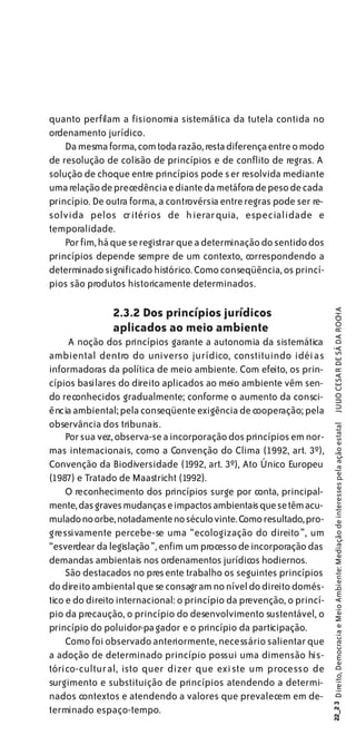 quanto perfilam a fisionomia sistemática da tutela contida no
ordenamento jurídico.
    Da mesma forma, com toda razão, resta diferença entre o modo
de resolução de colisão de princípios e de conflito de regras. A
solução de choque entre princípios pode s er resolvida mediante
uma relação de precedência e diante da metáfora de peso de cada
princípio. De outra forma, a controvérsia entre regras pode ser re-
solvida pelos critérios de hierarquia, especialidade e
temporalidade.
    Por fim, há que se registrar que a determinação do sentido dos
princípios depende sempre de um contexto, correspondendo a
determinado significado histórico. Como conseqüência, os princí-
pios são produtos historicamente determinados.

               2.3.2 Dos princípios jurídicos
                                                                                JULIO CESAR DE SÁ DA ROCHA
               aplicados ao meio ambiente
      A noção dos princípios garante a autonomia da sistemática
ambiental dentro do universo jurídico, constituindo idéias
informadoras da política de meio ambiente. Com efeito, os prin-
cípios basilares do direito aplicados ao meio ambiente vêm sen-
do reconhecidos gradualmente; conforme o aumento da consci-
ência ambiental; pela conseqüente exigência de cooperação; pela
observância dos tribunais.
                                                                       22_2 3 Direito, Democracia e Meio Ambiente: Mediação de interesses pela ação estatal




     Por sua vez, observa-se a incorporação dos princípios em nor-
mas internacionais, como a Convenção do Clima (1992, art. 3º),
Convenção da Biodiversidade (1992, art. 3º), Ato Único Europeu
(1987) e Tratado de Maastricht (1992).
     O reconhecimento dos princípios surge por conta, principal-
mente, das graves mudanças e impactos ambientais que se têm acu-
mulado no orbe, notadamente no século vinte. Como resultado, pro-
gressivamente percebe-se uma “ecologização do direito”, um
“esverdear da legislação”, enfim um processo de incorporação das
demandas ambientais nos ordenamentos jurídicos hodiernos.
     São destacados no presente trabalho os seguintes princípios
do direito ambiental que se consagram no nível do direito domés-
tico e do direito internacional: o princípio da prevenção, o princí-
pio da precaução, o princípio do desenvolvimento sustentável, o
princípio do poluidor-pagador e o princípio da participação.
     Como foi observado anteriormente, necessário salientar que
a adoção de determinado princípio possui uma dimensão his-
tórico-cultur al, isto quer dizer que exi ste um processo de
surgimento e substituição de princípios atendendo a determi-
nados contextos e atendendo a valores que prevalecem em de-
terminado espaço-tempo.
 