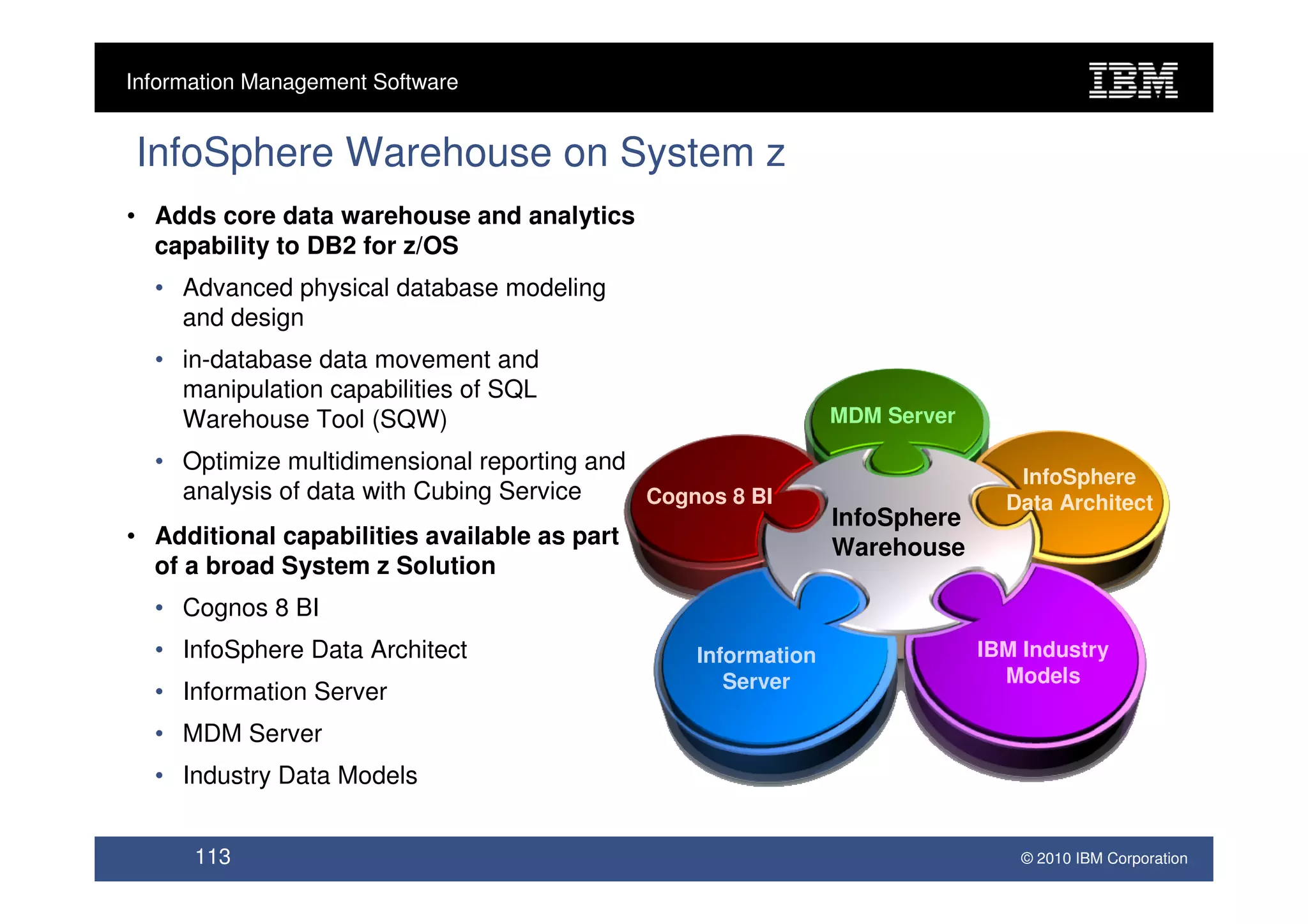 Information Management Software


InfoSphere Warehouse on System z
• Adds core data warehouse and analytics
  capability to DB2 for z/OS
  • Advanced physical database modeling
    and design
  • in-database data movement and
    manipulation capabilities of SQL
    Warehouse Tool (SQW)                                      MDM Server

  • Optimize multidimensional reporting and
                                                                              InfoSphere
    analysis of data with Cubing Service    Cognos 8 BI                      Data Architect
                                                              InfoSphere
• Additional capabilities available as part                   Warehouse
  of a broad System z Solution
  • Cognos 8 BI
  • InfoSphere Data Architect                   Information                IBM Industry
                                                   Server                    Models
  • Information Server
  • MDM Server
  • Industry Data Models


      113                                                                      © 2010 IBM Corporation
 