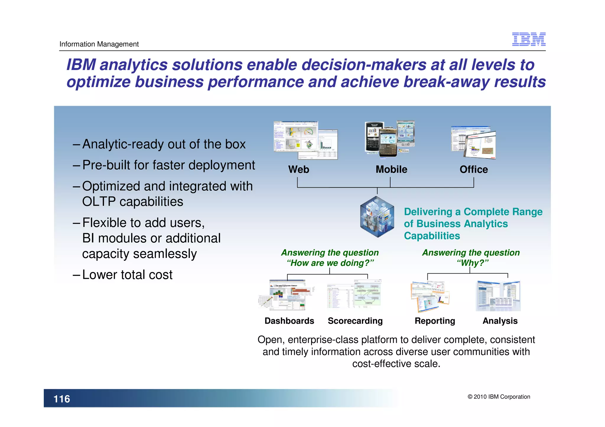 Information Management


  IBM analytics solutions enable decision-makers at all levels to
  optimize business performance and achieve break-away results


      – Analytic-ready out of the box
      – Pre-built for faster deployment         Web                 Mobile               Office
      – Optimized and integrated with
        OLTP capabilities
                                                                           Delivering a Complete Range
      – Flexible to add users,                                             of Business Analytics
        BI modules or additional                                           Capabilities
        capacity seamlessly                    Answering the question          Answering the question
                                                “How are we doing?”                   “Why?”
      – Lower total cost


                                           Dashboards    Scorecarding        Reporting         Analysis

                                          Open, enterprise-class platform to deliver complete, consistent
                                           and timely information across diverse user communities with
                                                                cost-effective scale.


                                                                                          © 2010 IBM Corporation
116
 