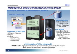 Information Management


 Hardware: A single centralized BI environment
Building an end-to-end BI environment on System z

   End-user functionality


                                                                                        Optional software:
                                                                                        Federated Server
                                                                                           • Sybase, Oracle
                                                                                         Classic Federation
                                                                                           • IMS, VSAM,

                                                                                      8700 Storage:
BI tooling in z-Linux LPAR:                                                            Smart Control Unit
• InfoSphere Warehouse                                                                  • Simplified Management
                                                                                        • Easy Tier Management
• Cognos
                                                                                        • OPTIONAL:
• Optional:
                                                                                            • Solid State Disk
      •   DataQuant/QMF
      •   IBI WebFocus, SAS                                                                 • SATA slower drives
      •   Business Objects


                                 z/OS foundation LPAR for enterprise BI:
           • DB2 for z/OS – highly available, secure, query prioritization, concurrent utilities/queries
                           • z/OS: Highly secure, Efficient, Trusted, Responsive
                                                                                              © 2010 IBM Corporation
119
 